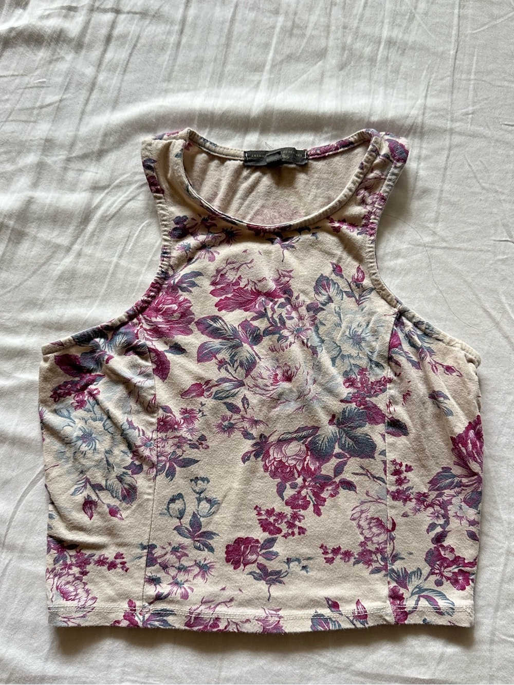 American Eagle Outfitters Cream Crop Tank with Pink & Blue Floral Print